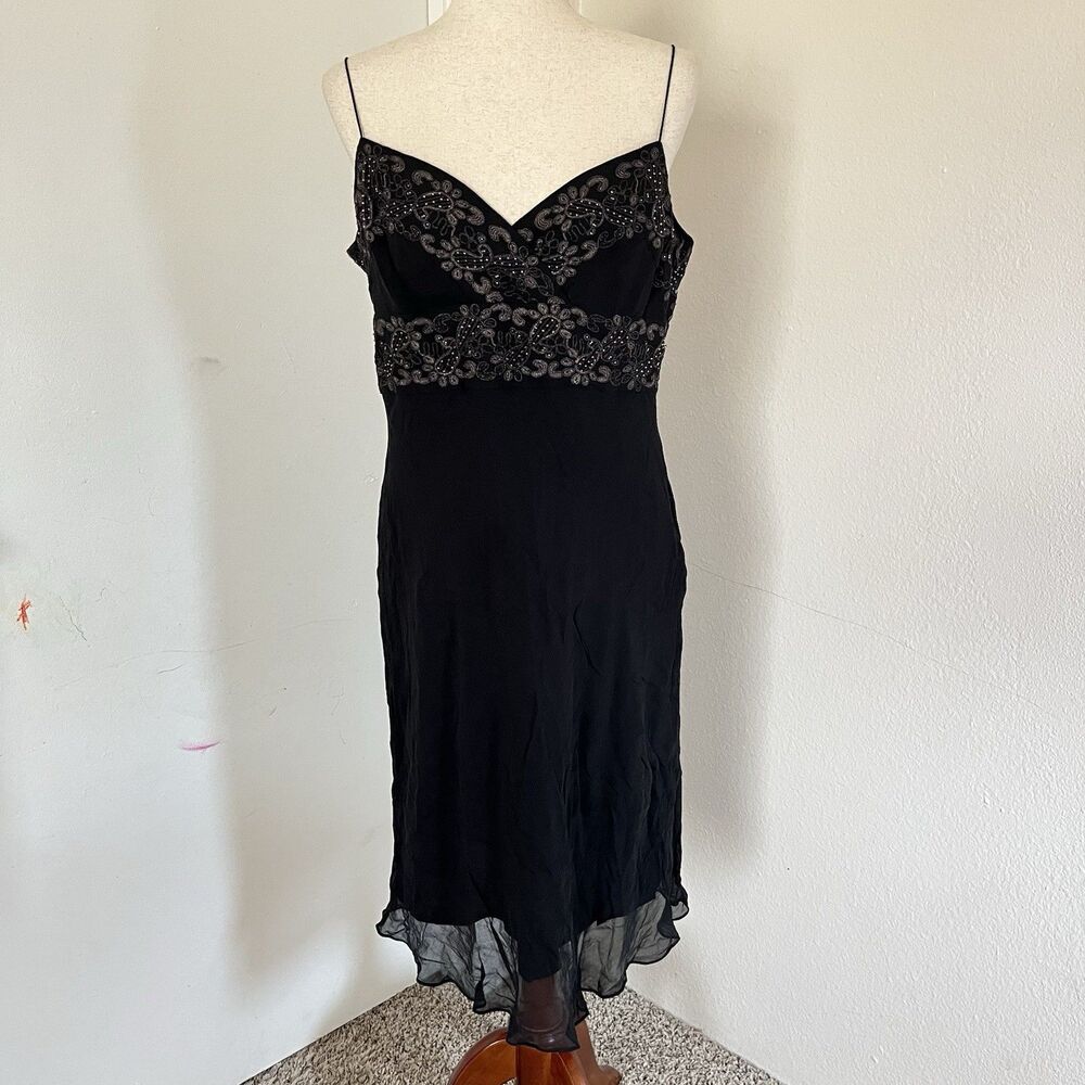 Jones New York Silk Slip Dress Sz 14P Y2k Gyaru Beaded Embroidered V Neck